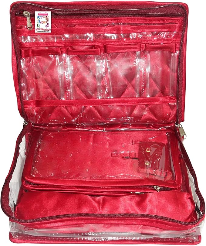 atorakushon Jewelry Travel Organizer Case Transparent Storage Zipper Locker Box Pouch for Necklaces Earrings Rings Bracelets Maroon