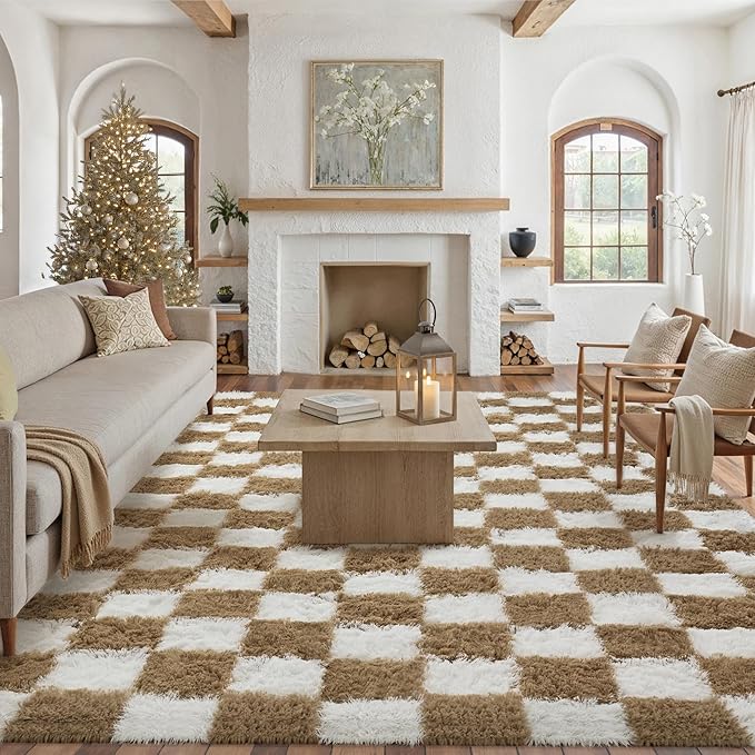 PureCozy Checkered Rug 6x9 for Living Room, Brown and White Modern Shag Rugs Super Soft Washable Indoor Office Fuzzy Carpet Non-Slip Fluffy Rugs for Bedroom Home Aesthetic Decor