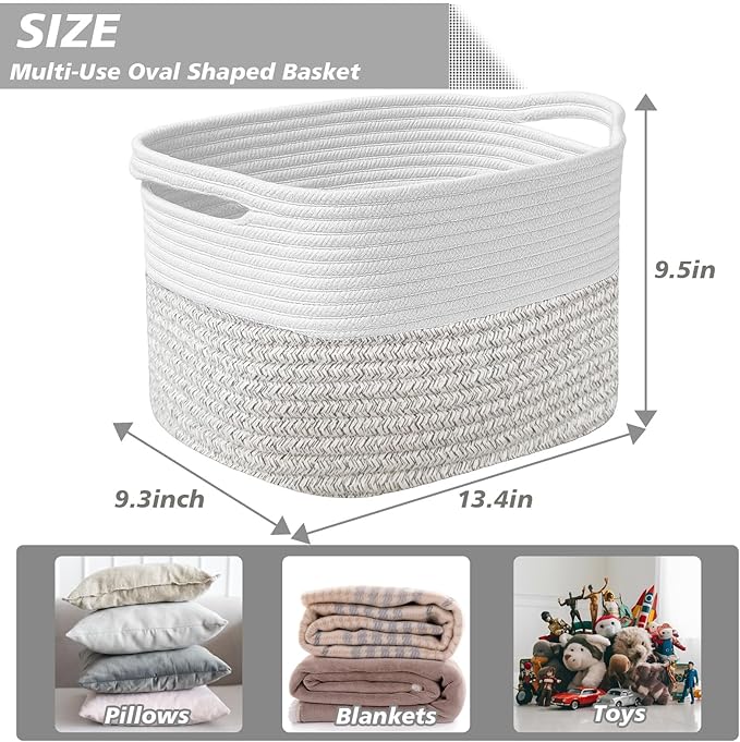 Woven Storage Basket, Cotton Rope Closet Organizers Bins for Clothes Blanket Towels, Stylish Gift Baskets with Handles, 13.4 x 9.3 x 9.5 in, White and Grey (Pack of 1)