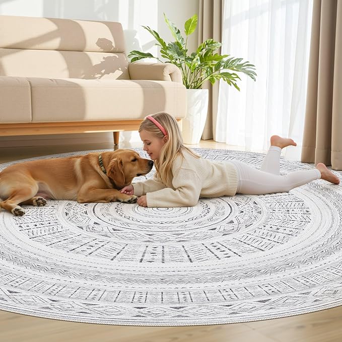 cotiled 8x8 Round Area Rug Living Room: Washable Boho Rugs with Non Slip Backing Large Soft Indoor Stain Resistant Carpet for Bedroom Farmhouse Dining Room Lightweight Home Decor Dark Grey
