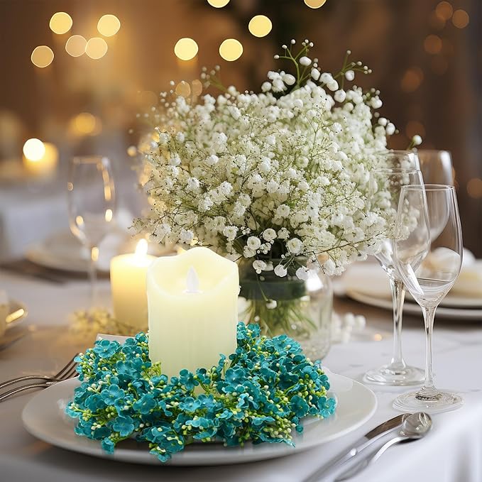 Daifunli 2 Pcs Baby's Breath Candle Rings Artificial Peacock Blue Floral Wreaths for Pillar 3.9 Inch Candles Holder for Spring Summer Home Office Wedding Rustic Table Centerpiece Decor