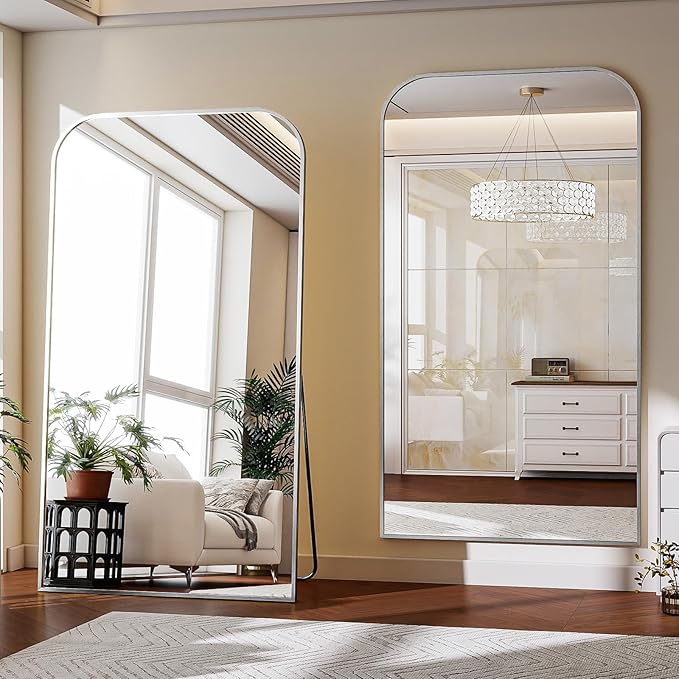 Full Length Mirror 86"x40" Arched Floor Standing Large Mirrors Full Body Mirror with Stand - with Aluminum Frame for Bedroom Living Room, Silver