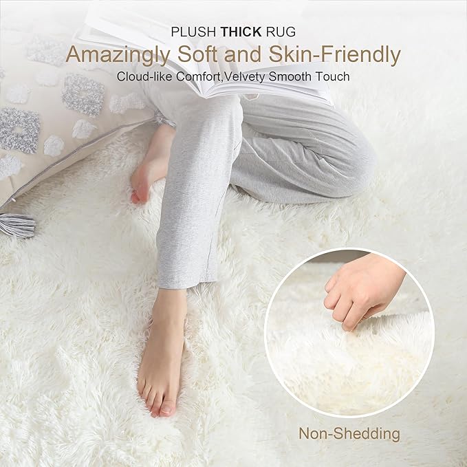 KICHOWUA Thick Area Rug 5x7 Cream White Fluffy Shag for Girl Bedroom,Ultra Soft Plush Fuzzy Washable Thickened Non-Slip Floor Carpet,Modern Furry Shaggy Rug for Living Room Nursery Kids Boy Dorm,Ivory