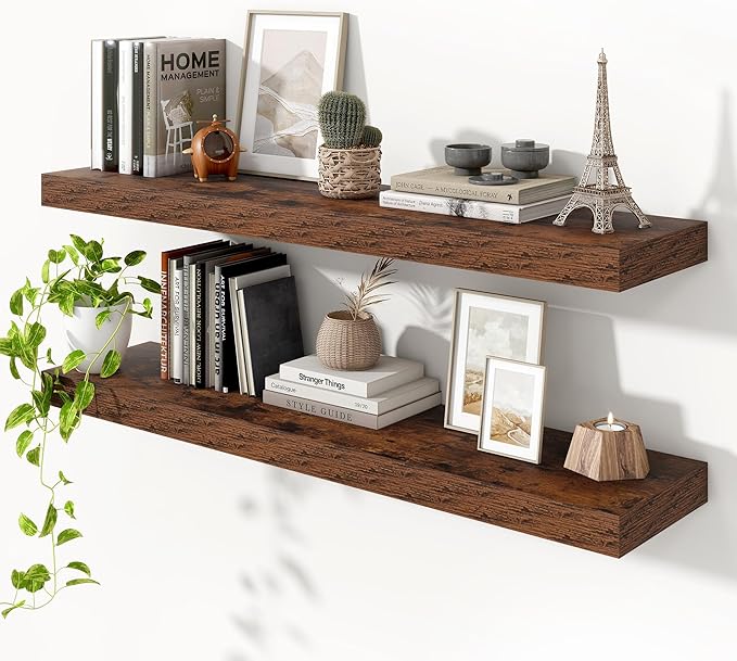 Heimlove Floating Shelves for Wall 48 Inch Long,Extra Large and Thick Wood Shelves Mounted Storage Hanging Shelf Invisible Bracket for Bedroom,Living Room,Kitchen,Office,Set of 2,Rustic Brown