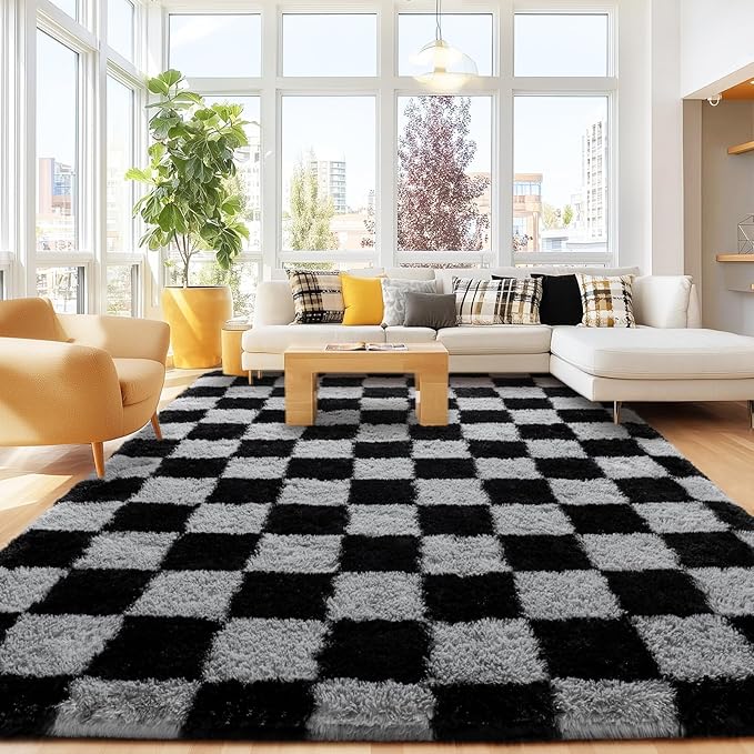 Checkered 8x10 Area Rugs for Living Room, Ultra Soft Fluffy Large Shaggy Rug Carpet for Bedroom, Non-Slip Fuzzy Plush Rugs for Nursery Boys Girls Kids Room Modern Indoor Home Decor, Dark Grey