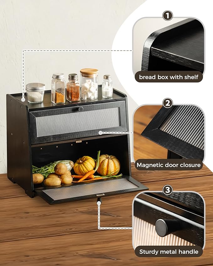 Bamboo Bread Box 2 Tiered for Kitchen Counter-Large Capacity Wood Bread Basket Storage Container Bread Box with Window Bread Holder with Shelf Vitamin Bottle Storage (black)