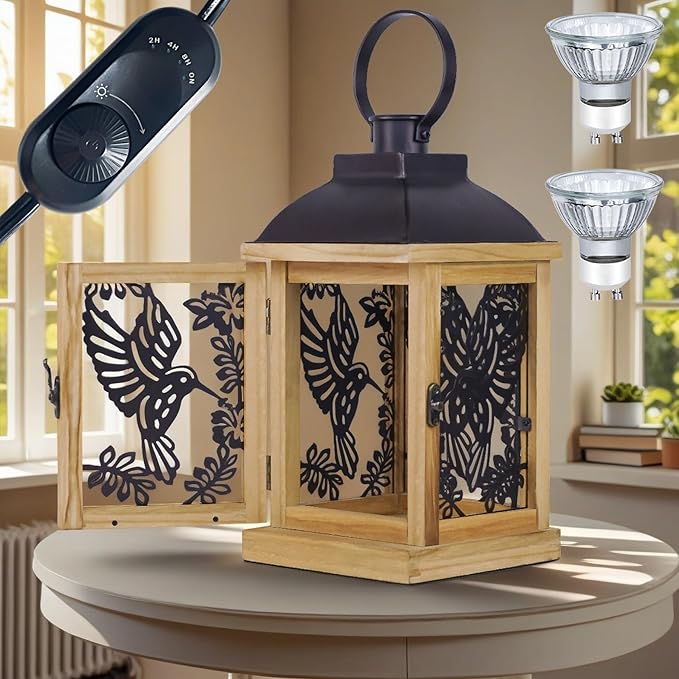 Candle Warmer Lamp with Timer Dimmer Farmhouse Lantern for Top-Down Adjustable Candle Warmer, Wood Electric Lamp for Jar Candles with 2 Bulbs, Auto Shut Off Home Decor Gift for Women (Hummingbird)