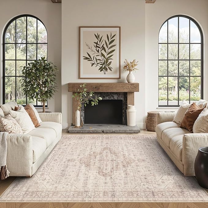 Rugxara Washable Area Rug for Living Room & Bedroom, Soft Pink Rugs for Girls Women, Non Slip, Durable Low Pile Carpet, Vintage Carpets for Office, Dining Room, Kids Room and Farmhouse(4x6ft)