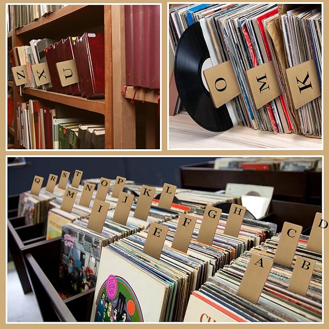 26 Pcs Library Alphabet Book Dividers Wooden Vinyl Record Dividers Organizer Separators 26 Alphabetical A-z Dividers Bookshelf Markers for Shelves Cds, Albums, Books(Wood Color)