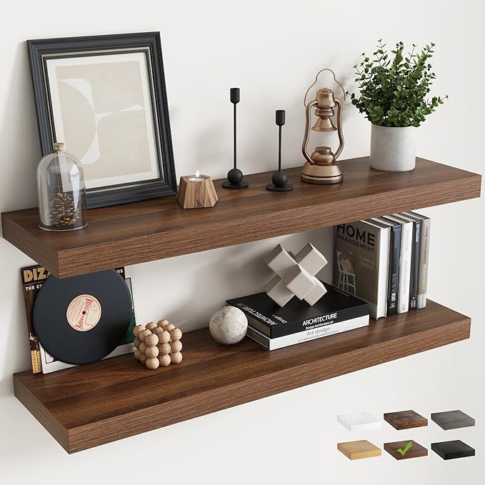 40 Inch Floating Shelves for Wall with Invisible Brackets Set of 2, 9"D Engineered Wood Wall Shelves with Wood Grain for Living Room, Bedroom, Bathroom, Kitchen Decor and Storage, Walnut Finish