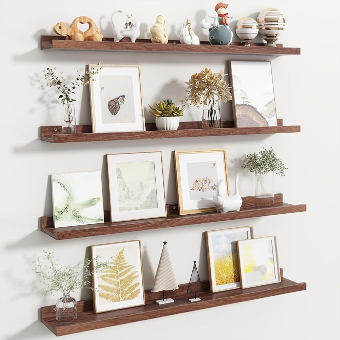 Fun Memories Picture Ledge Shelf, Floating Shelves Set of 4, 36 Inch Picture Shelves for Wall with Ledge, Large Nursery Book Shelf for Toys Storage, Living Room, Bedroom Decor Frames, Walnut