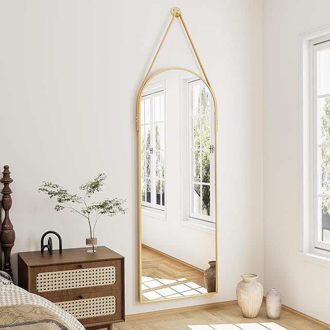 Full Length Mirror, Arched Wall Mounted Mirror, 48"x16" Door Mirrors with Hanging Leather Strap, Wall Mirrors Full Length with Aluminum Frame for Bathroom Living Room Entryway (Gold)