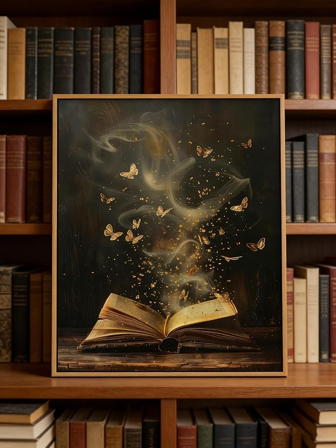 Framed Moody Victorian Bookish Wall Art Dark Academia Library Canvas Wall Decor Picture Vintage Reading Nook Butterfly Aesthetic Painting Poster Print for Gallery Library Bookstore Decoration 16x24in