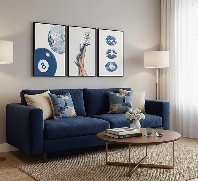 3Pcs Blue Trendy Aesthetic Wall Art, Fashion High-Heeled Shoe Lucky 8 Ball Pictures, Lip Canvas Poster Prints,Y2K Stylish for Girls' Bedroom Dorm Apartment Wall Decor. 24x16in Unframed