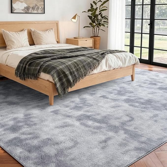 FinRèc 5x7 Washable Area Rugs for Bedroom Living Room, Low Pile Thin Ultra Soft Shag Rug, Non-Slip Carpet Indoor for Home Decor (Tie-dye Grey)