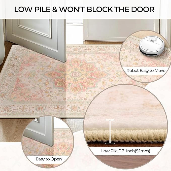 CAPALOCA Machine Washable Rugs Nursery Rug 3x5 Cute Girl Non Slip Low Pile Water Repellent Soft Print Pattern for Bedroom Indoor Decor Kids Playroom Pink Green
