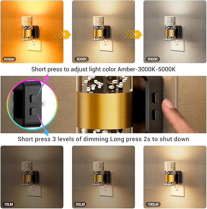 JandCase Night Lights Plug into Wall, Color Changing Night Light,10/50/100LM Adjustable Brightness Nightlight,Amber/3000K/5000K LED Nightlight with Dusk to Dawn Sensor for Home Decor