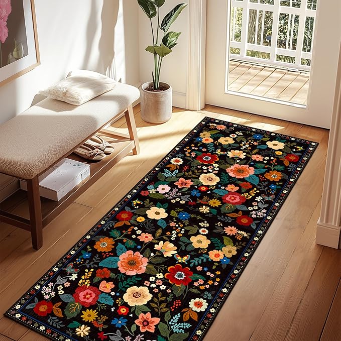 RELEANY Floral Nursery 2x6 Area Rugs Washable Print Boho Cute Carpet Non Slip Flower Low Pile for Living Room Kids Girls Playroom Bedroom Kitchen Office Farmhouse-Black