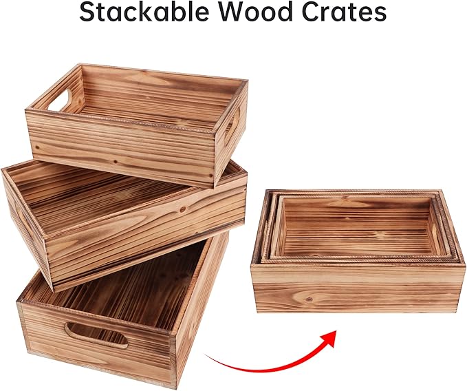 PHOENANCEE Wood Crates For Display,Rustic Crate Storage Decorative Boxes Set of 3,Wooden Nesting Box with Handles Farmhouse Container Basket Bin Home Decoration,Solid Pine,L+M+S