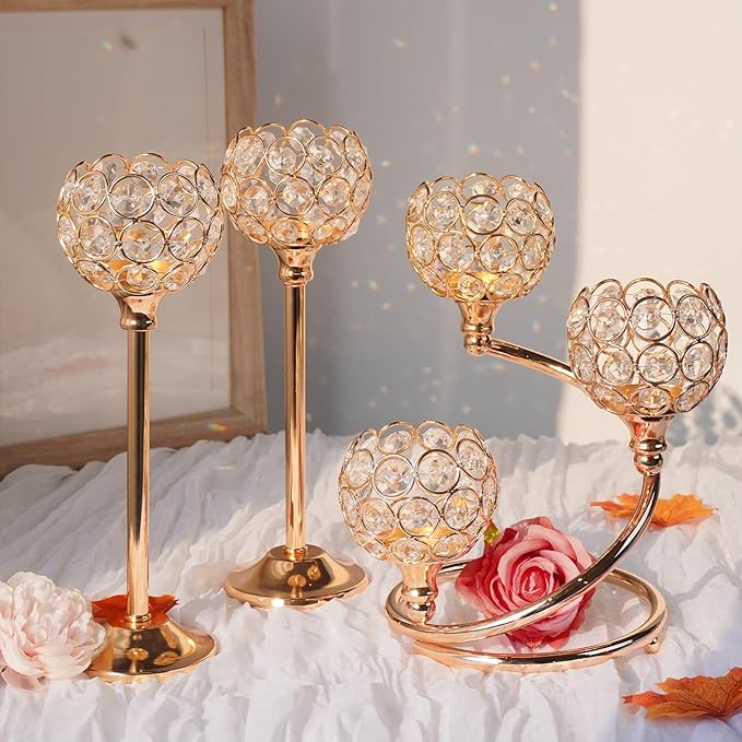 Gold Metal Crystal Candle Holder Set of 3 - Elegant 5-Arm Metal Tea Light Centerpiece with Shining Crystal Bowl, Wedding Anniversary Table Decor for Dining, Party