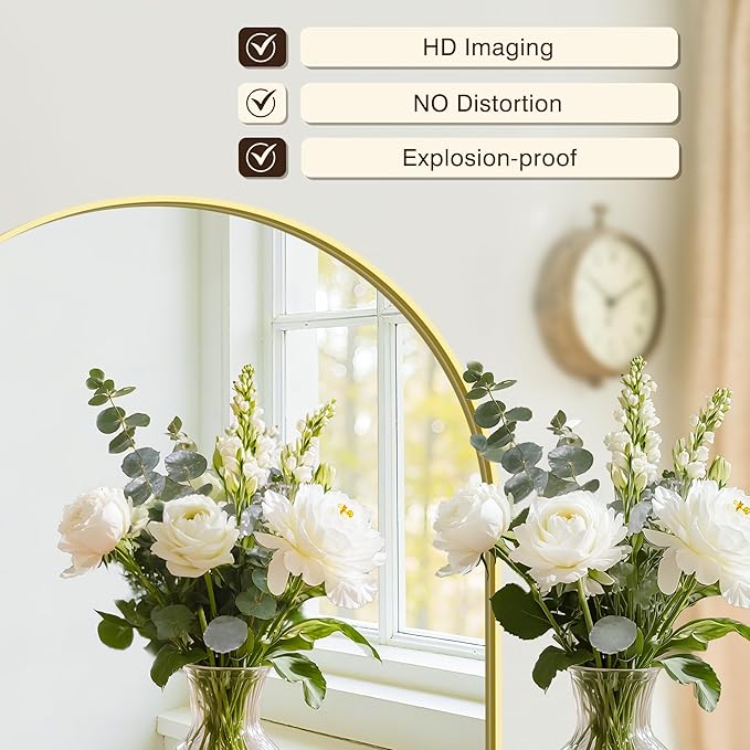 Vanity Bathroom Mirror for Wall, 32”x30” Arched Bathroom Mirror for Over Sink, Arched Metal Frame for Bedroom, Living Room, Entryway, Hanging or Leaning, Gold