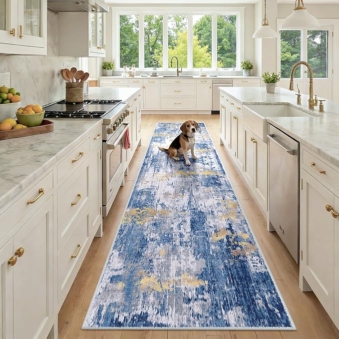 RELEANY Washable Area Rugs 2'6"x10 Non-Slip Modern Abstract Soft for Living Room Entryway Bedroom Nursery, Print Pattern, Grey Blue Gold/Golden