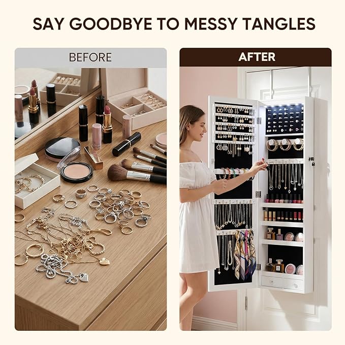 Antok 6 LEDs Jewelry Cabinet with Lock, 50" Full Length Mirror Wall Mounted or Over The Door Jewelry Organizer, Large Capacity Storage for Bedroom&Cloakroom&Entryway, Gift for Women, White