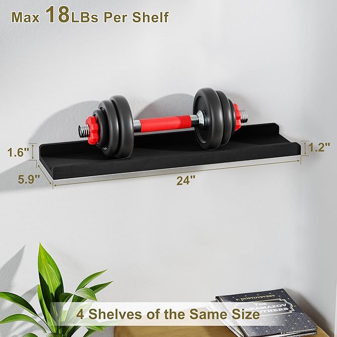 Love-KANKEI Black Long Floating Shelves for Wall 24 Inch Set of 4, Rustic Wall Shelves with Lip,Wood Hanging Shelves for Bedroom Bathroom Living Room Kitchen Nursery Display