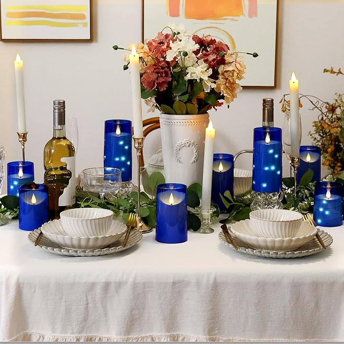 NURADA Flameless Candles: LED Pillar Acrylic Electric Battery Candles with Remote and Timer for Wedding Party Home Valentine Romantic Decor - Pack of 3 Blue