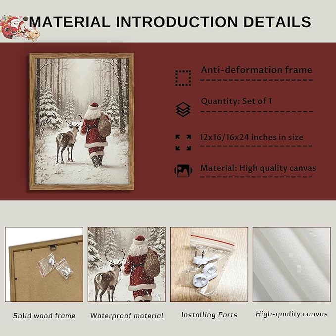 Framed Christmas Pictures Wall Decor, Santa Reindeer Winter Wall Art, Rustic Canvas Christmas Print, Winter Holidays Decor, Vintage Christmas Decorations Painting for Bedroom Living Room – 12x16in