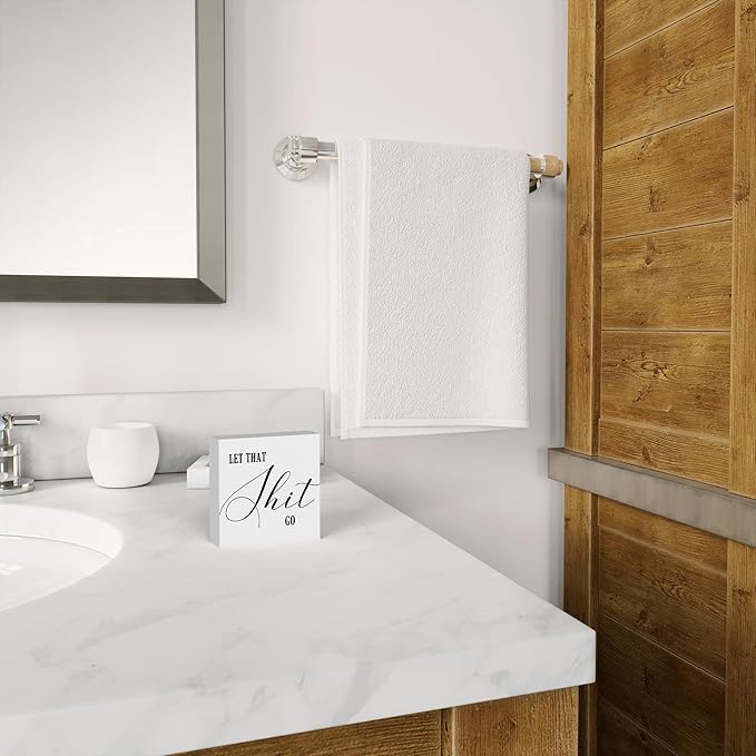 Funny Rustic Bathroom Decor - Wooden Box Sign Humor for Restroom Shelf, Half Farmhouse Style Toilet Sign for Guests - Tabletop or Countertop