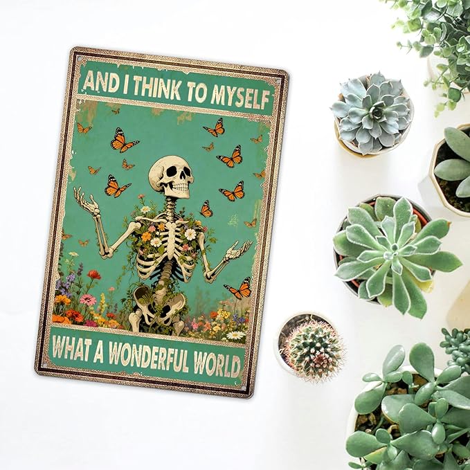 Retro Garden Metal Signs Vintage Skull Poster Wildflower Decor - And I Think To My Self What a Wonderful World Sign, Flowers Butterfly Wall Decor for Home, Garden, Bedroom, Living Room 8x12 Inch