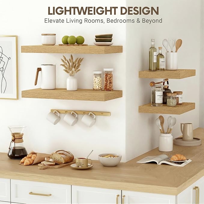 Vivelove 10" Deep Floating Shelves Over Toilet, 24" Wall Shelves for Bathroom Bedroom Kitchen Living Room Laundry Room, Modern Rustic Shelves for Home Decor, 24"x10.2"x1.5", Set of 2, Oak