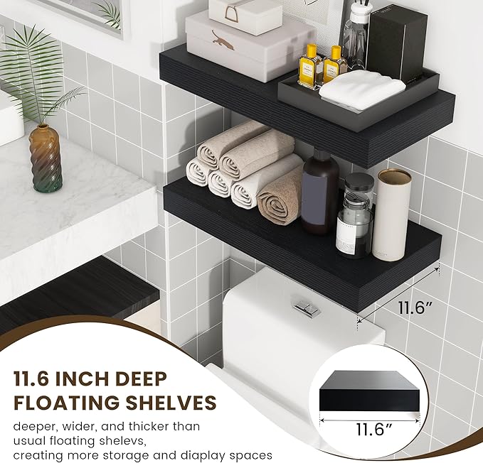 FLYJOE Deep Floating Shelves | 24 Inch Black Floating Shelves Set of 2 | 12 Inch Deep Rustic Wood Shelves for Wall | 24" W x 12" D Black Shelves for Living Room Bathroom Laundry Room Kitchen