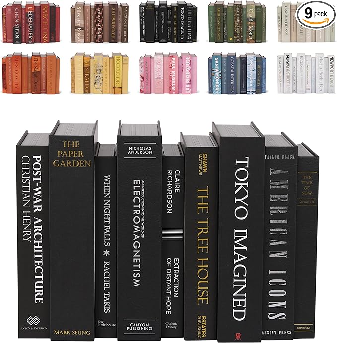ORITZIO Oversized Set of 9 Faux Books with Hidden Storage (Black), Fashion Books, Coffee Table Accessory, Bookshelf Decor, Home Staging