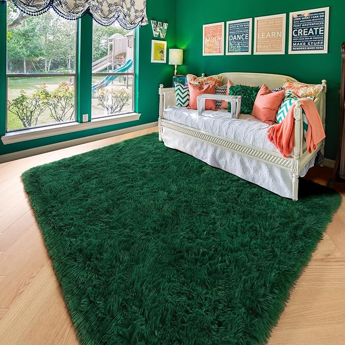 Amdrebio Dark Green Area Rugs for Living Room, 5x8, Fluffy Thick Rug for Bedroom, Soft Indoor Furry Rugs for Kids Room, Teen, Shag Modern Cool Carpet for Nursery Playroom Classroom, Emerald Green