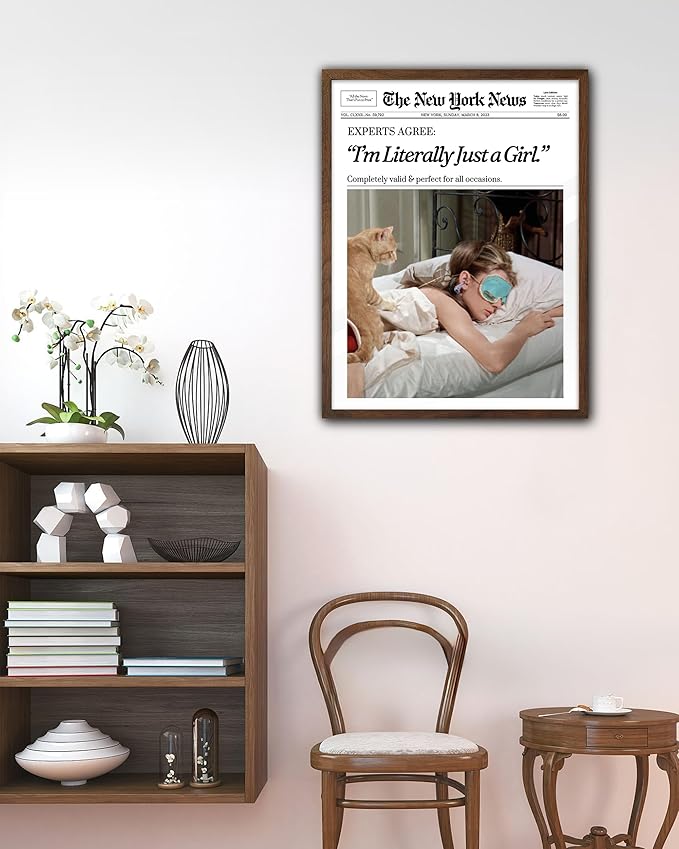EcoHest Trendy Newspaper New York Magazine Framed Wall Art, 12x16 in Walnut Color OAK Wood I‘m Literally Just a Girl Canvas Wall Art, Magazine Preppy Home Decor, Set of 1 For Bedroom Living Room