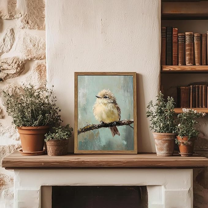 Vintage Framed Bird Wall Art, Rustic Sparrow on Branch Canvas Wall Decor Painting, Cute Bird Animal Artwork Poster Prints Pictures for Living Room Bedroom Bathroom 16x24 Inch