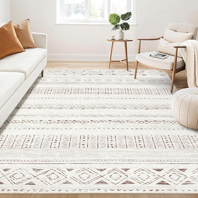 cotiled 6x8 Area Rug Living Room: Washable Boho Rugs with Non Slip Backing Large Soft Indoor Stain Resistant Carpet for Bedroom Farmhouse Dining Room Lightweight Home Decor L Brown/Cream