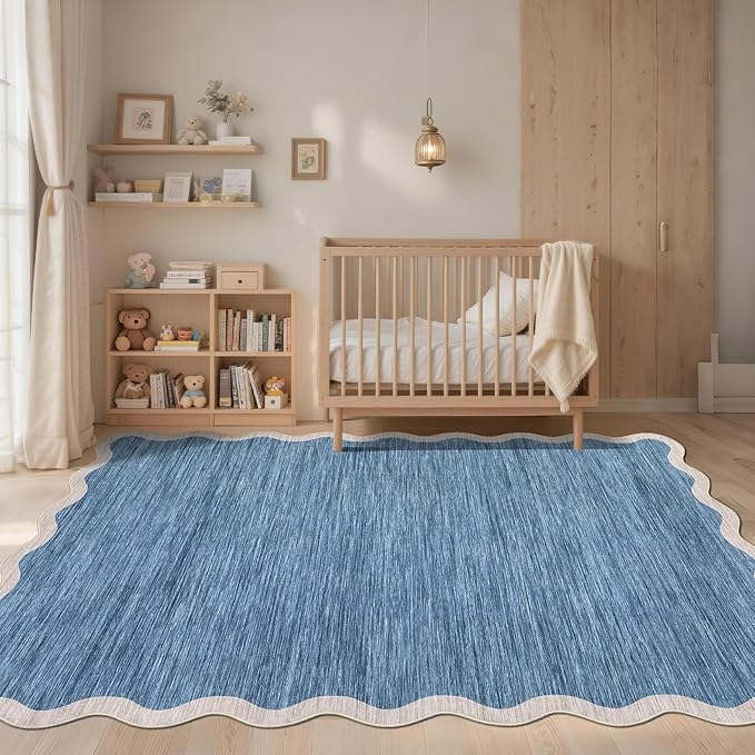 GarveeHome Scalloped Washable Area Rugs 9 x 12 Rug for Living Room Modern Non Slip Throw Rugs Blue Rug Large Bedroom Rugs Low Pile Stain Resistant Carpet for Dining Room Nursery 9 ft x12 ft Blue