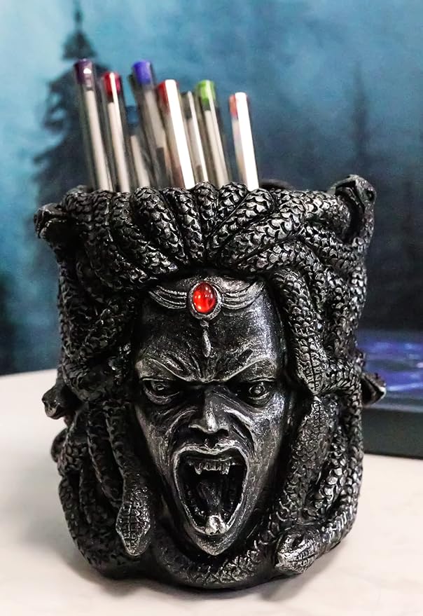 Ebros Gift Greek Mythology Gothic Gorgon Sisters Goddess Medusa With Wild Snakes Hair And Red Bloodshot Gem Head Ornament Decorative Stationery Pen Pencil Make Up Tools Organizer Holder