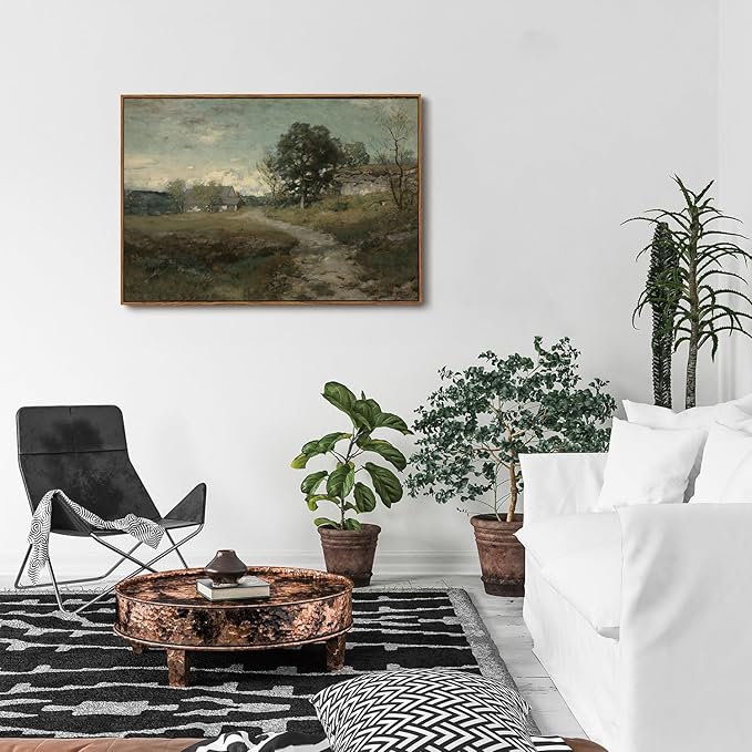 OIQArtOIQ Framed Vintage Landscape Wall Art French Country Cottage Natural Scenery Oil Painting Canvas Prints Farmhouse Fall Decor Aesthetic Pictures for Kitchen Bedroom Living Room Bathroom