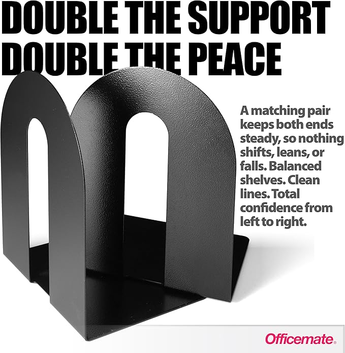 Officemate Heavy Weighted Bookends, Sturdy Office & Home Shelf Organizers, Set of 2 Black Metal Book Supports (93182)