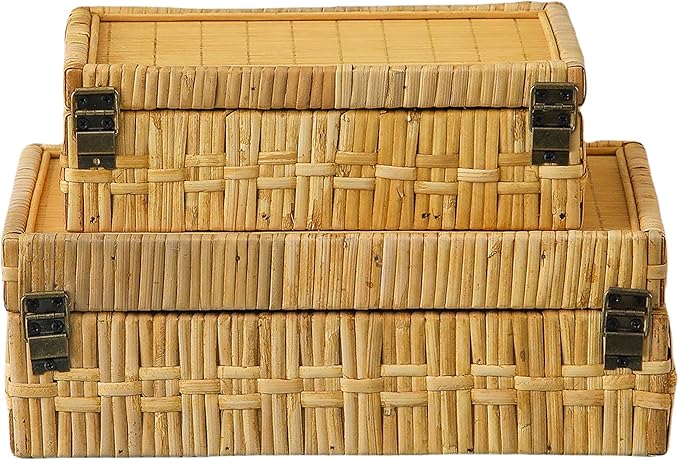 SOFE Rectangular Rattan Box with Lid Set of 2 - Boho Decorative Basket for Shelf Bathroom Storage - Woven Bins Organizer for Jewelry, Snacks, Toys, Keys