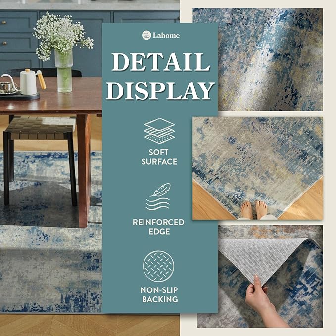Lahome Modern Abstract Area Rug 3x5, Washable Bedroom Rug Soft Throw Entry Mat Contemporary Faux Wool Non-Slip Stain Resistant Carpet for Living Room Kitchen Bath Office, Blue/Yellow/Ivory