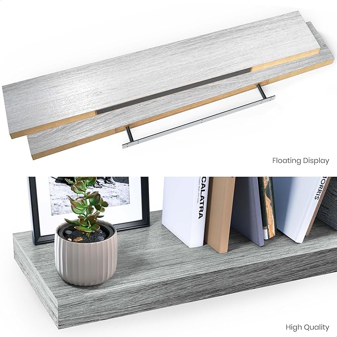 Ballucci Floating Shelf, 48" Wood Wall Shelf with Invisible Brackets for Bathroom, Living Room, Bedroom, Kitchen, Nursery, 8" Deep, Rustic Gray