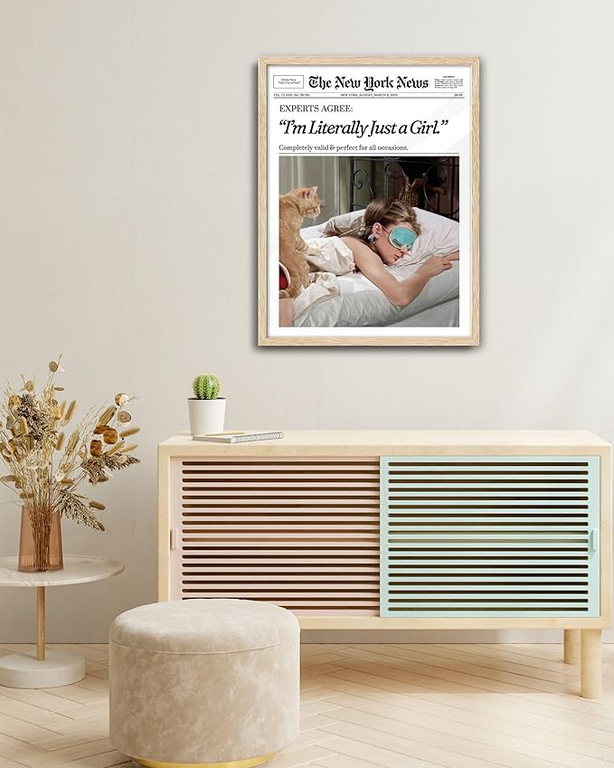 EcoHest Trendy Newspaper New York Magazine Framed Wall Art, 16x20 in Large OAK Wood I‘m Literally Just a Girl Canvas Wall Art, Preppy Home Decor, Beige Retro For Bedroom Living Room 1Pack