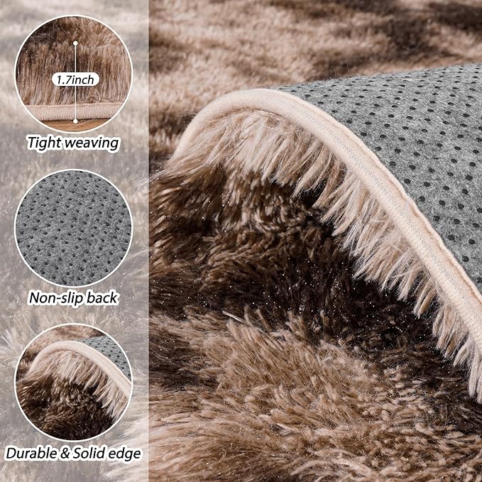 8x10 Area Rugs for Living Room, Ultra Soft Fluffy Large Shaggy Rug Carpet for Bedroom, Non-Slip Fuzzy Plush Rugs for Nursery Boys Girls Kids Room Modern Indoor Home Decor, Tie Dyed Brown