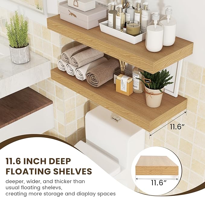 FLYJOE 30 Inch Floating Shelves | 12 Inch Deep Oak Floating Shelves Set of 2 | 30" W x 12" D Rustic Wood Shelves for Wall | Deep Oak Shelves for Living Room Bathroom Laundry Room Kitchen