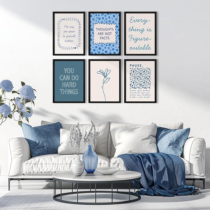 Mental Health Wall Decor Therapy Office Canvas Wall Art Posters Blue Boho Motivational Picture Psychology Artwork Inspirational Positive Quotes Prints for Counseling Office 12x16 Inch Wood Framed 6Pcs